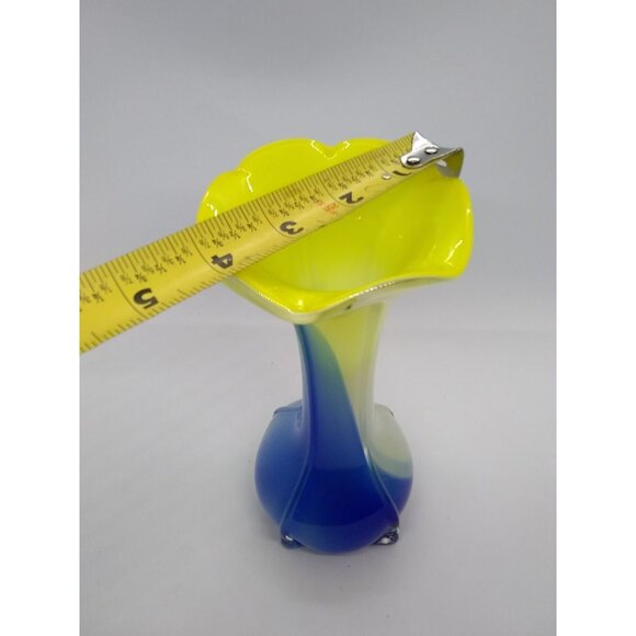 Art glass vase tulip floral style yellow blue swirl Bud Vase 8" - Picture 6 of 12